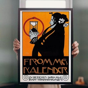 Póster impreso del calendario de Fromme de 1899, tamaño A5, ilustración vintage de Kolo Moser, decoración de pared