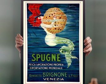 Spugne Brignone 1914 POSTER PRINT Art Nouveau A5-A1 Venezia Vintage Italian Advert Mermaid Design Wall Art Bathroom Decor