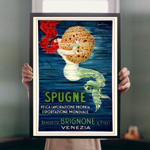 Impresión de póster de Spugne Brignone 1914, Art Nouveau, tamaño A5-A1, Venecia, anuncio vintage italiano, diseño de sirena, arte de pared, decoración de baño