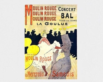 Könnte beinhalten: Ein Vintage-Plakat, das für das Moulin Rouge-Kabarett in Paris, Frankreich, wirbt. Das Plakat zeigt eine Frau in einem weißen Kleid, die mit einem Mann in einem Zylinder tanzt. Der Text auf dem Plakat lautet "Moulin Rouge Concert Bal Tous Les Soirs La Goulue Mercredis et Samedis".