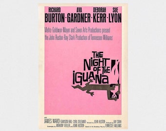 May include: A pink poster for "The Night of the Iguana" movie, featuring the names of Richard Burton, Ava Gardner, Deborah Kerr, and Sue Lyon. The poster has a stylized iguana illustration and is displayed on a white wall.
