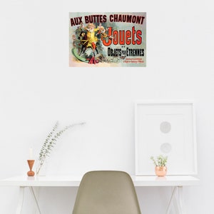 May include: Vintage advertisement for a toy store called "Aux Buttes Chaumont" featuring a child riding a rocking horse. The ad also includes the text "Jouets et Objets pour Etrennes".