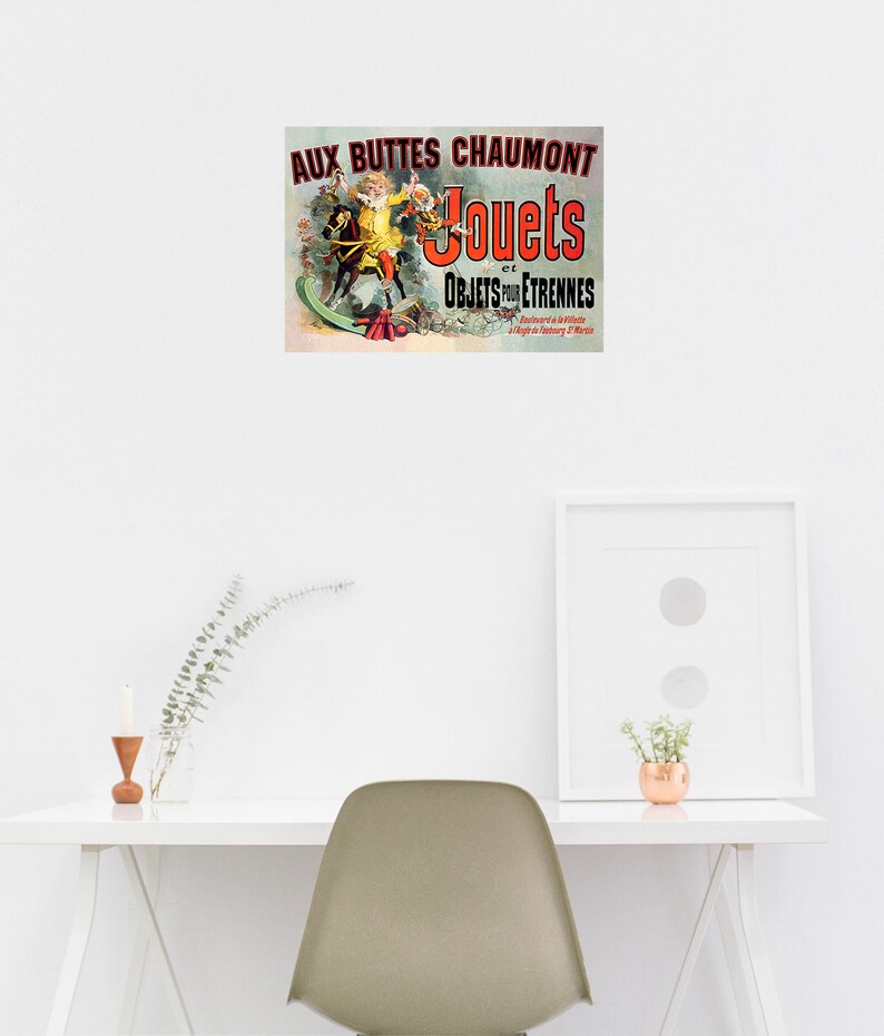 May include: Vintage advertisement for a toy store called "Aux Buttes Chaumont" featuring a child riding a rocking horse. The ad also includes the text "Jouets et Objets pour Etrennes".