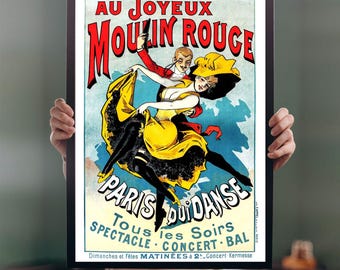 Könnte beinhalten: Ein gerahmtes Vintage-Poster, das das Moulin Rouge in Paris bewirbt. Das Poster zeigt eine tanzende Frau in einem gelben Kleid mit schwarzen Akzenten, einen Mann in einer roten Jacke und den Text "Paris Qui Danse". Das Poster hat einen schwarzen Rahmen.