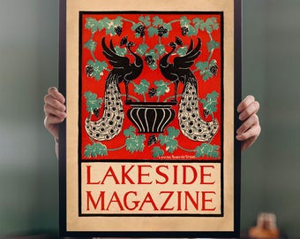 May include: A framed print featuring a red background with two black peacocks standing on a central urn, surrounded by green leaves and dark berries. Below the illustration, the text LAKESIDE MAGAZINE is printed in bold red capital letters.