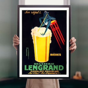 May include: Vintage beer advertisement poster featuring a stylized blue figure with a yellow straw, atop a large glass of beer. The poster has the text "Son régal!" and "LENGRAND" in green, with additional text in French. The background is black.