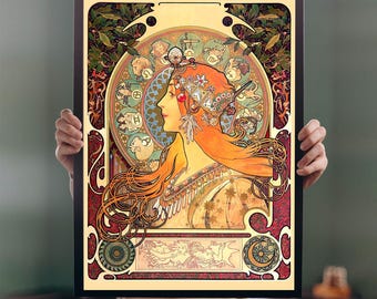 ゾディアック 1896 ポスタープリント A5A1 アルフォンス・ミュシャ アールヌーボー ボヘミアン 壁飾り 花のサイン