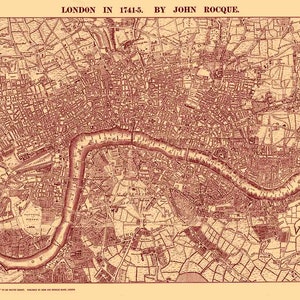Mapa de Londres 1741-45 IMPRESSÃO DE CARTAZ A5-A1 por John Rocque Ilustração Cartografia Vintage Decoração de arte de parede antiga