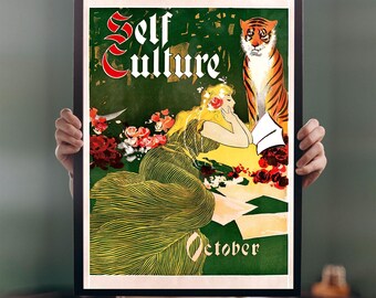 May include: A framed vintage poster with the text "Self Culture" in red and green, and "October" in white. The artwork features a woman with long blonde hair, a tiger, and roses, set against a green background.