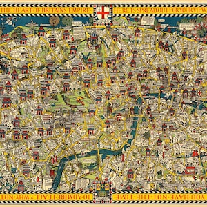 Puede incluir: Un mapa antiguo detallado de Londres, Inglaterra, con ilustraciones de edificios, calles y lugares emblemáticos. El mapa presenta un diseño colorido con texto alrededor del borde, incluyendo frases como "The Heart of Britain's Empire" y "Take a Map Home".