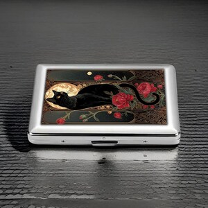 Estojo de cigarro de gato preto Art Déco, estojo de cigarro de metal floral, suporte de gato e flores estilo vintage, ideia de presente elegante para fumantes