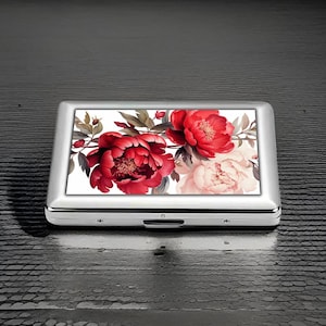 Portasigarette a forma di peonia rossa, porta carte in metallo floreale artistico, regalo elegante per le donne, grazioso accessorio compatto a forma di fiori