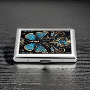 Portasigarette a farfalla in stile steampunk, porta carte in metallo artistico blu e oro, regalo elegante per le donne, accessorio gotico compatto