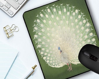 Vintage Peacock Mouse Pad Japanese White Birds Art Green Mousepad