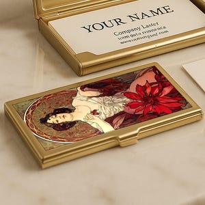 Jugendstil Gold Visitenkartenetui, Alphonse Mucha Ruby Vintage Kreditkartenetui, elegantes florales Accessoire
