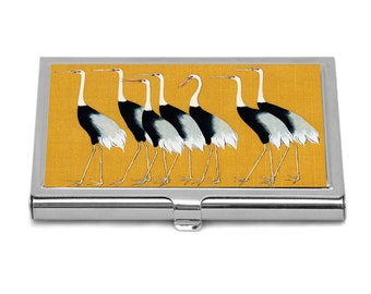 Grúas Titular de la tarjeta de visita Pájaros japoneses Titular de la tarjeta de crédito Vintage Arte japonés Titular de la tarjeta de visita Titular de la tarjeta negra amarilla Idea de regalo