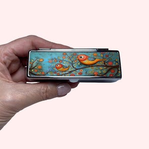 Niedlicher Vogel Lippenstift Fall mit Spiegel, Bunte Blumen Geldbörse Organizer, Blau Künstlerische Kompakte Kosmetikhalter, Einzigartige Schönheit Geschenk für Sie