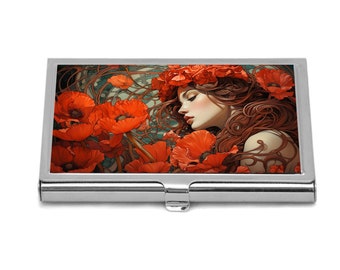 Poppy Business Card Holder Art Nouveau Woman Credit Card Holder Vintage Red Flowers Business Card Case Gift Idea For Her