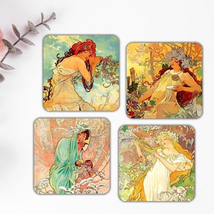 Conjunto de porta-copos Seasons Alphonse Mucha, estampas femininas Art Nouveau, cerâmica ou papelão com base de cortiça, opções redondas ou quadradas, presente para ela