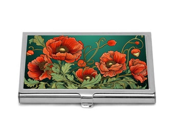 Red Poppies Credit Card Holder Floral Business Card Holder Art Nouveau Flowers Business Card Case Red Poppies Business Card Holder Gift Idea