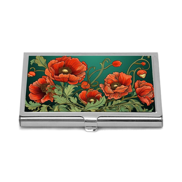 Red Poppies Credit Card Holder Floral Business Card Holder Art Nouveau Flowers Business Card Case Red Poppies Business Card Holder Gift Idea