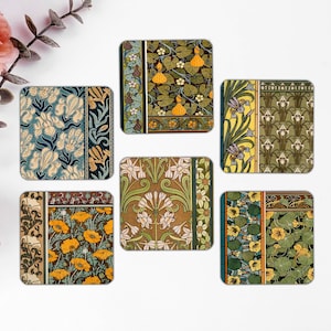 Conjunto de 6 bases para copos de cerâmica com flores Art Nouveau, bases para copos de papelão grosso com estampa floral francesa para ela, decoração de mesa vintage com fundo de cortiça