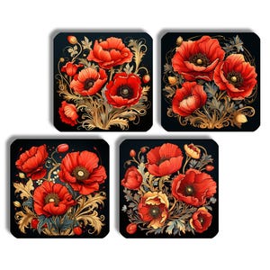 Red Poppy Coasters Set of 4, Vintage Floral Drink Coasters, Round or Square Coasters, Botanical Home Decor, Ceramic Cork Base, Gift for Her