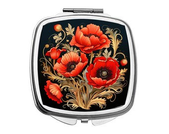 Floral Pocket Mirror Red Poppies Art Nouveau Cosmetic Mirror Vintage Style Poppy Compact Mirror Gift Idea For Her