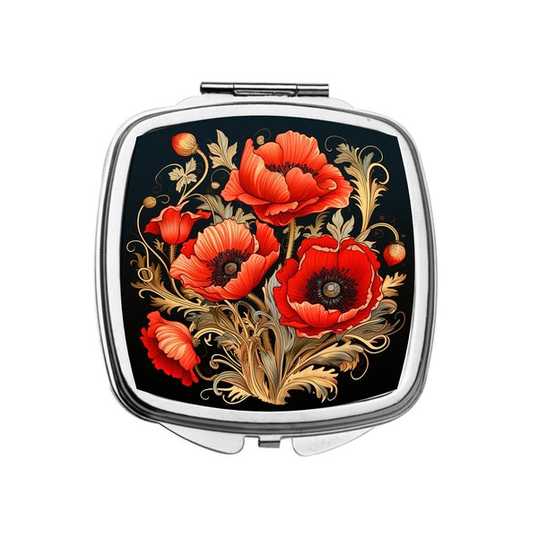 Miroir floral de poche, coquelicots rouges, miroir cosmétique Art nouveau, style vintage, miroir compact coquelicot, idée cadeau pour elle