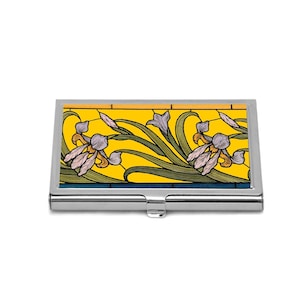 Visitekaarthouder irissen, art nouveau-kaartetui, schattig bloemenaccessoire, vintage irissenprint, creditcardhouder, relatiegeschenk voor haar
