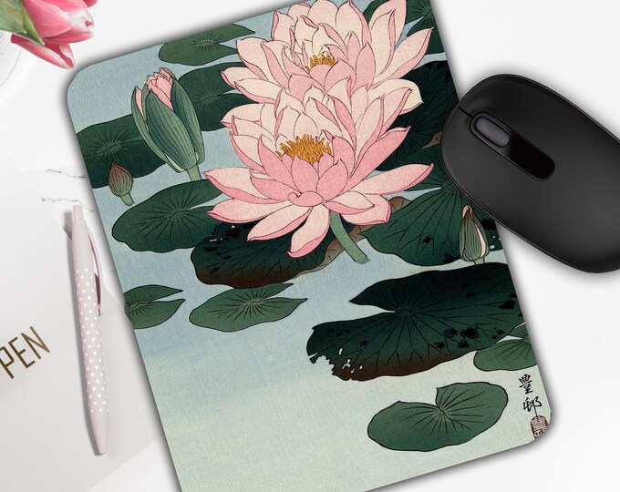 Water Lilies Mouse Pad Vintage Japanese Art Mouse Pad Pink Flowers Mouse Pad For Her