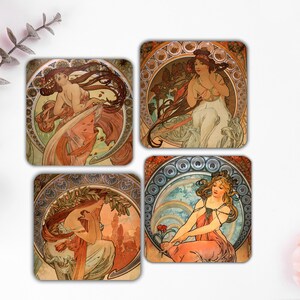 Conjunto de porta-copos Alphonse Mucha Art Nouveau - Porta-copos vintage feminino de cerâmica ou papelão, ideia de presente elegante para ela