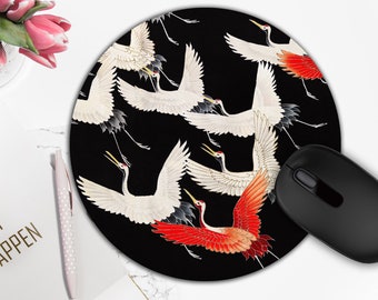 Cranes Round Mouse Pad Vintage Japanese Birds Art Black Mousepad