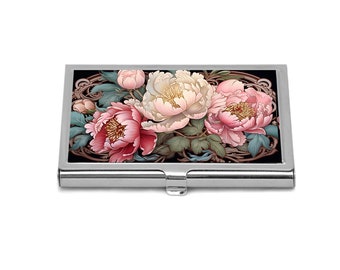 Peonies Business Card Holder Vintage Peonies Art Nouveau Business Card Case Pink Floral Business Card Holder For Her Gift Idea