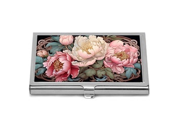 Porte-cartes de visite pivoines vintage Porte-cartes de visite Art nouveau pivoines rose Porte-cartes de visite floral rose pour elle, idée cadeau