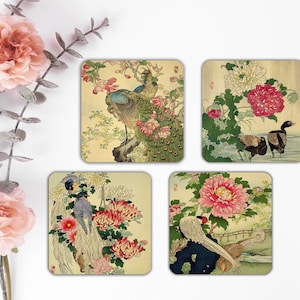 Set van 4 Japanse onderzetters met vogels en bloemen, Kono Bairei-kunstafdrukken, vintage onderzetters, keramiek of karton, cadeau-idee