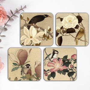 Vogels op bloeiende takken onderzetters set, Japanse kunst keramische onderzetters, Ohara Koson Design, vintage kartonnen onderzetters, cadeau-idee voor haar