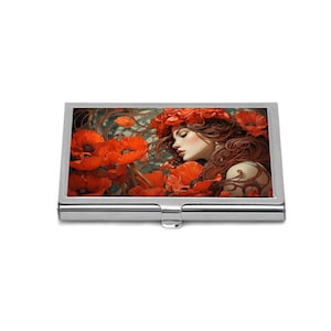 Mohnblumen Visitenkartenetui, Jugendstil Kreditkartenetui, Vintage Rote Blumen Design, Elegantes Geschenk für Sie, Kartenhalter Blumenmuster