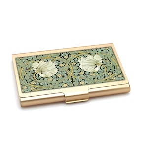 Gouden pimpernel visitekaartjeshouder van William Morris, art nouveau bloemdessin aluminium behuizing, elegant accessoire voor kaarthouder, stijlvol cadeau