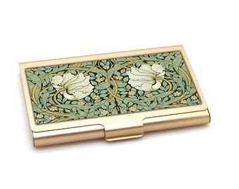 Gouden pimpernel visitekaartjeshouder van William Morris, art nouveau bloemdessin aluminium behuizing, elegant accessoire voor kaarthouder, stijlvol cadeau
