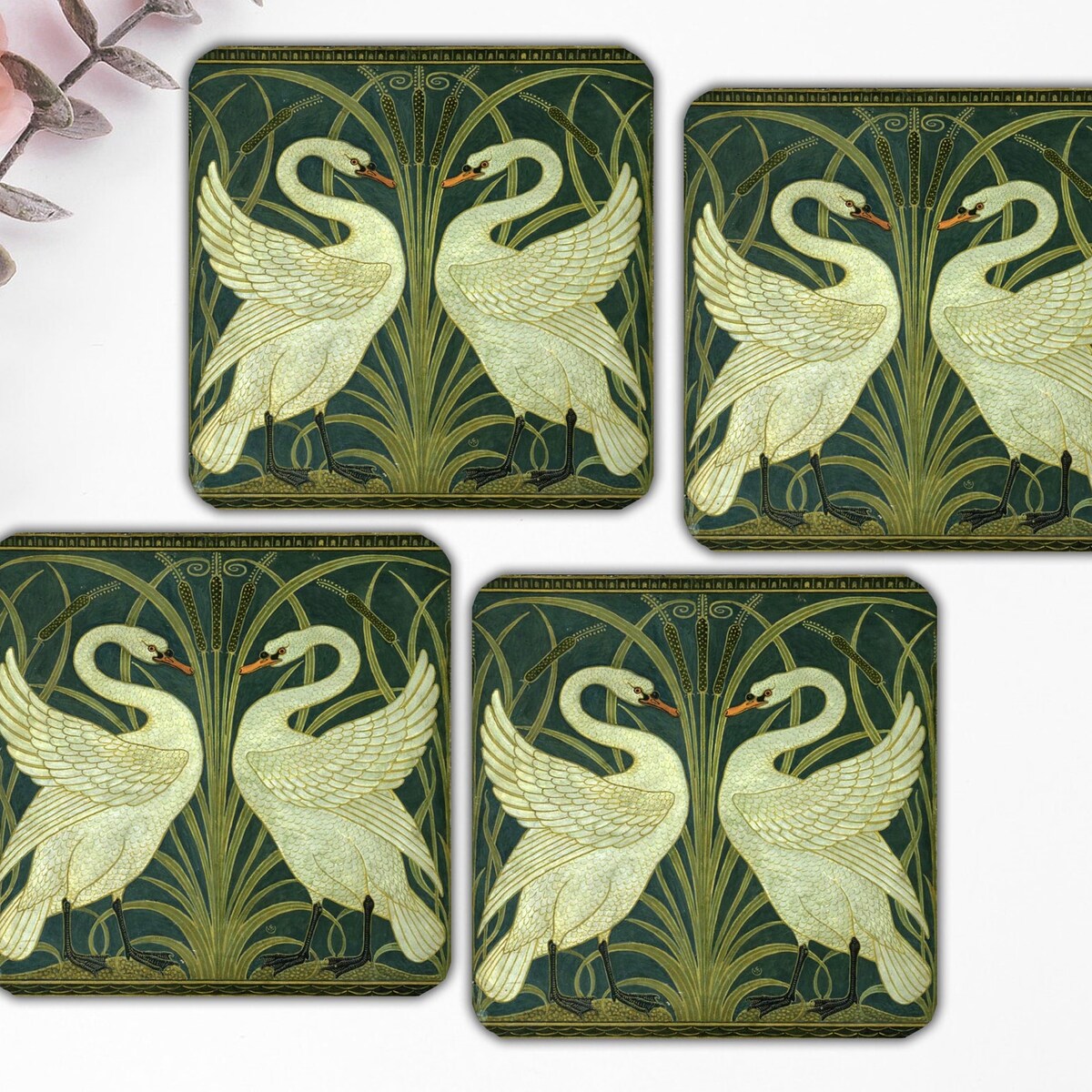 White Swans Art Nouveau Coasters - Set of 4 Vintage Ceramic Drink Coasters, Green Floral and Bird Design, Elegant Table Decor, Gift for Her - Etsy