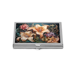 Visitekaarthouder lelies, creditcardhouder art nouveau bloemen, elegant bloemontwerp, cadeau-idee voor haar, stijlvolle kaarthouder