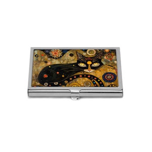 Porte-cartes chat noir, design Art nouveau inspiré de Gustav Klimt, porte-cartes de visite ou de crédit, cadeau pour amoureux des chats, organiseur de cartes élégant