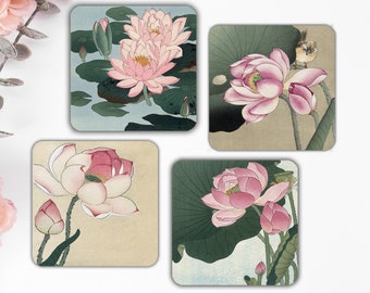 Blooming Lotus And Water Lilies Coasters Pink Flowers Cork Drinks Coasters Vintage Japanese Flowers Hot Drinks Wooden Coasters Gift Idea