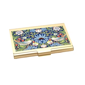 Porta-cartões de visita Strawberry Thief Gold, porta-cartões floral William Morris, carteira elegante de alumínio, organizador fino para cartões, presente para ela