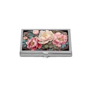 Porta biglietti da visita con peonie, porta biglietti da visita floreale in stile Art Nouveau, motivo floreale rosa, elegante regalo per lei, accessorio compatto