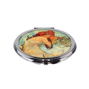 Alphonse Mucha Pocket Mirror, Vintage Art Nouveau Compact, Woman with Poppies Design Accessory, Unique Gift for Her
