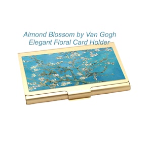 Tarjetero dorado con diseño de flor de almendro de Van Gogh, tarjetero con diseño floral azul, elegante billetera fina, organizador de regalos para amantes del arte vintage.