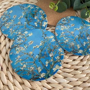 Amandelbloesem onderzetters, Van Gogh keramiek of kartonnen drinkmatten, kunstgeïnspireerde vintage blauwe onderzetters, elegant cadeau voor kunstliefhebbers