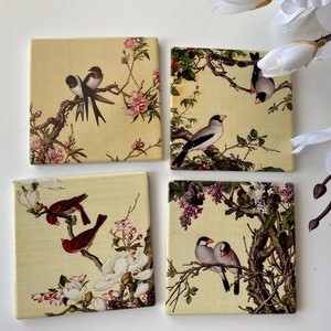 Flowers and Birds Ceramic Coasters Set of 4 – Vintage Chinese Art by Giuseppe Castiglione, Antique Square Coasters, Elegant Gift for Her